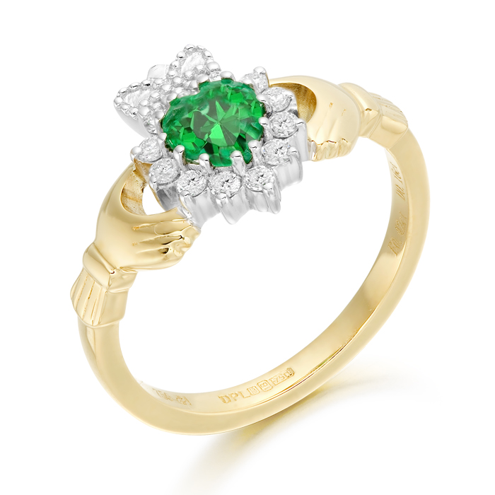 Diamond Claddagh Ring with Emerald 