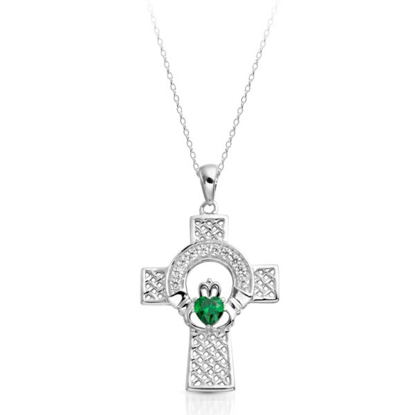 9ct White Gold Claddagh Cross studded with CZ Emerald - C126WG