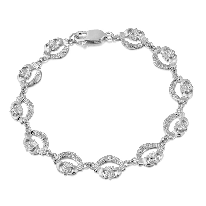 White Gold Claddagh Bracelet studded with CZ stone setting. Free Post.
