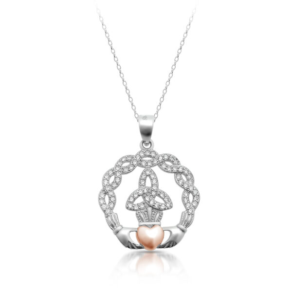 Silver Claddagh Pendant combined with Celtic Knot Design and studded with CZ - SP71