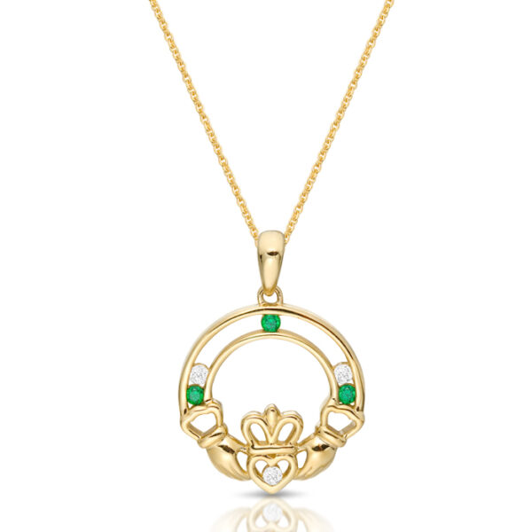 9ct Gold CZ Claddagh Pendant Studded with Repeat Pattern of CZ & Green CZ stones-P061